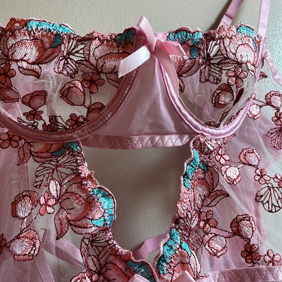 NWT underwire bodysuit pink contour bodysuit mesh transparent suspender sexy - Picture 7 of 15